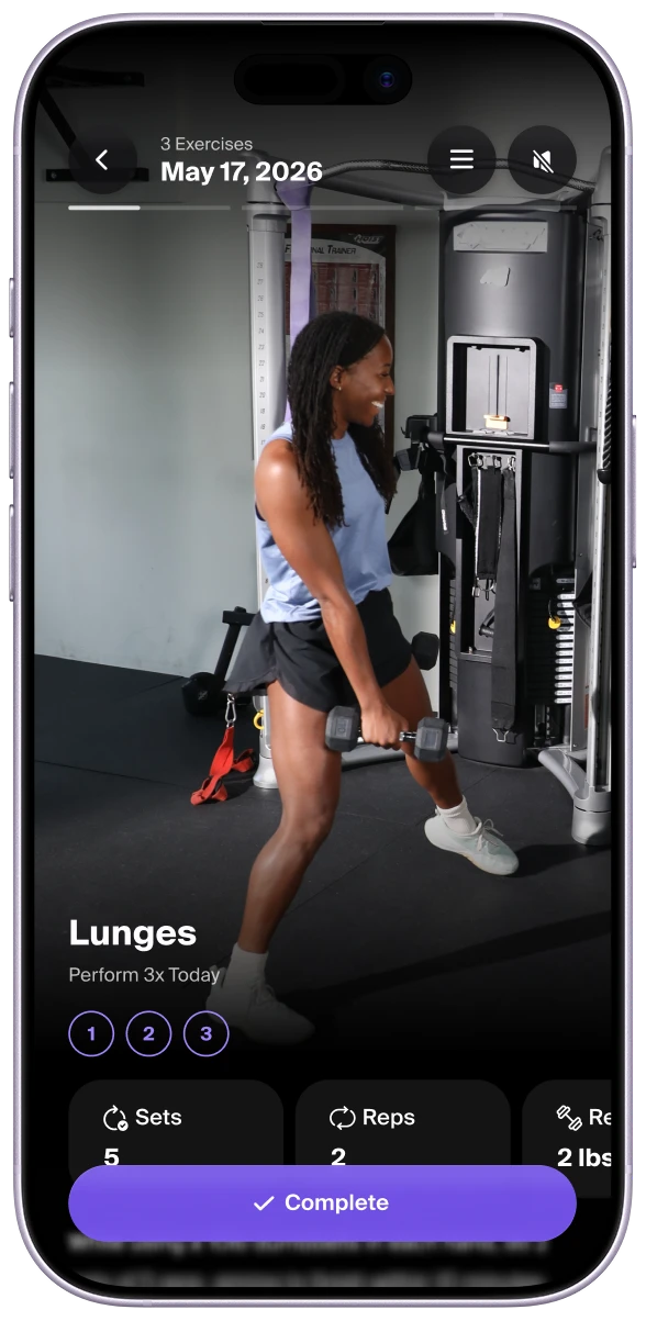 ProperForm patient app showing the Lunges exercise