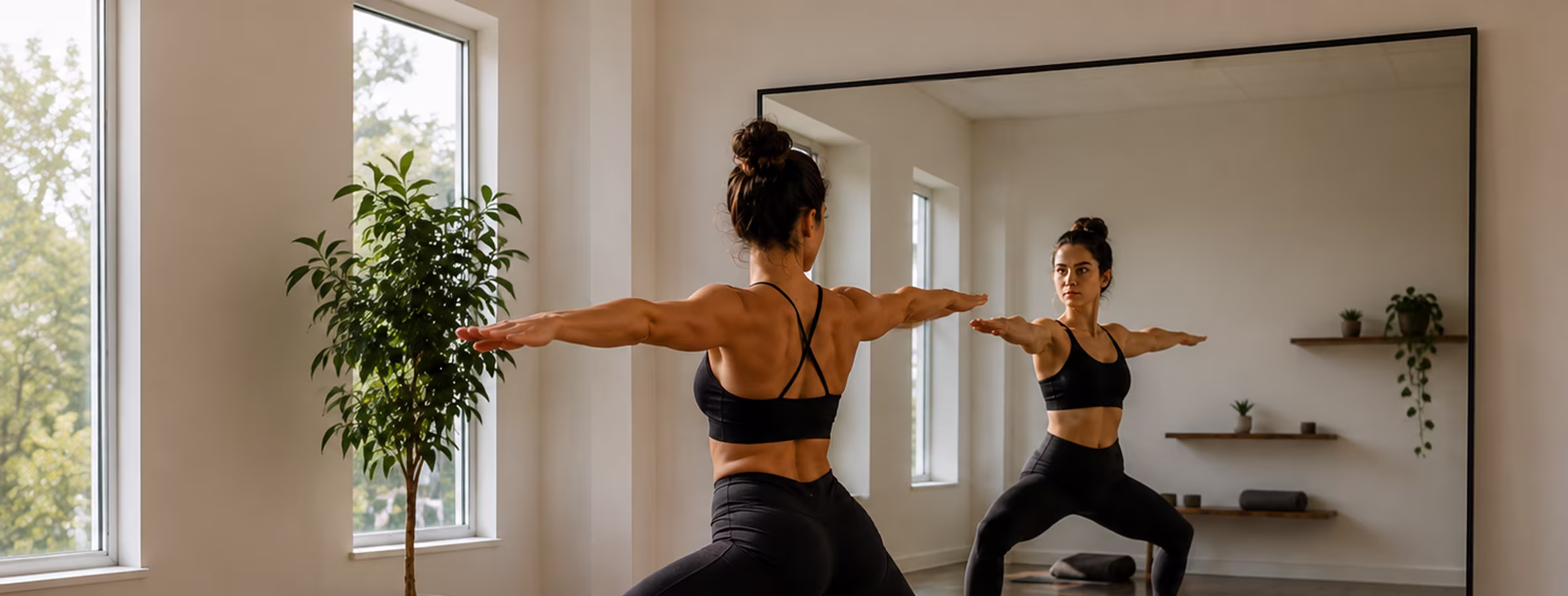 Person practicing movement in front of a mirror during exercise