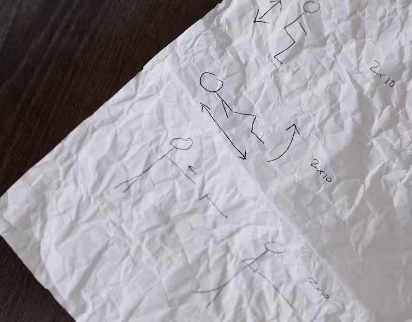 Hand-drawn stick figure exercise instructions on crumpled paper