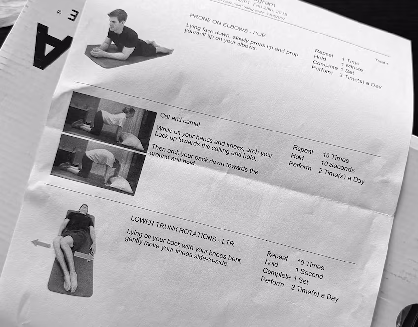 Printed home exercise handout with stock photos of generic exercises