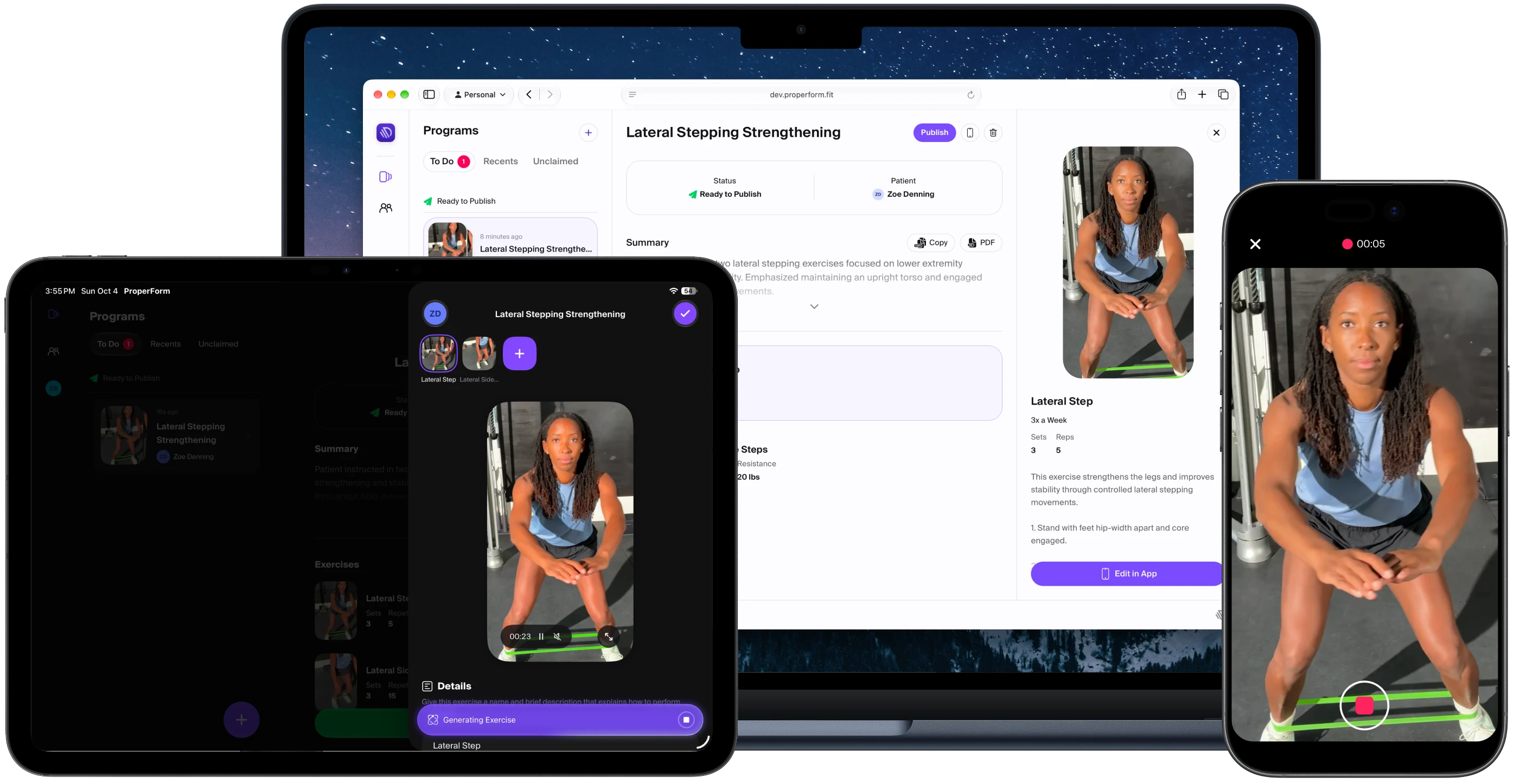 ProperForm running on MacBook, iPad, and iPhone in dark mode